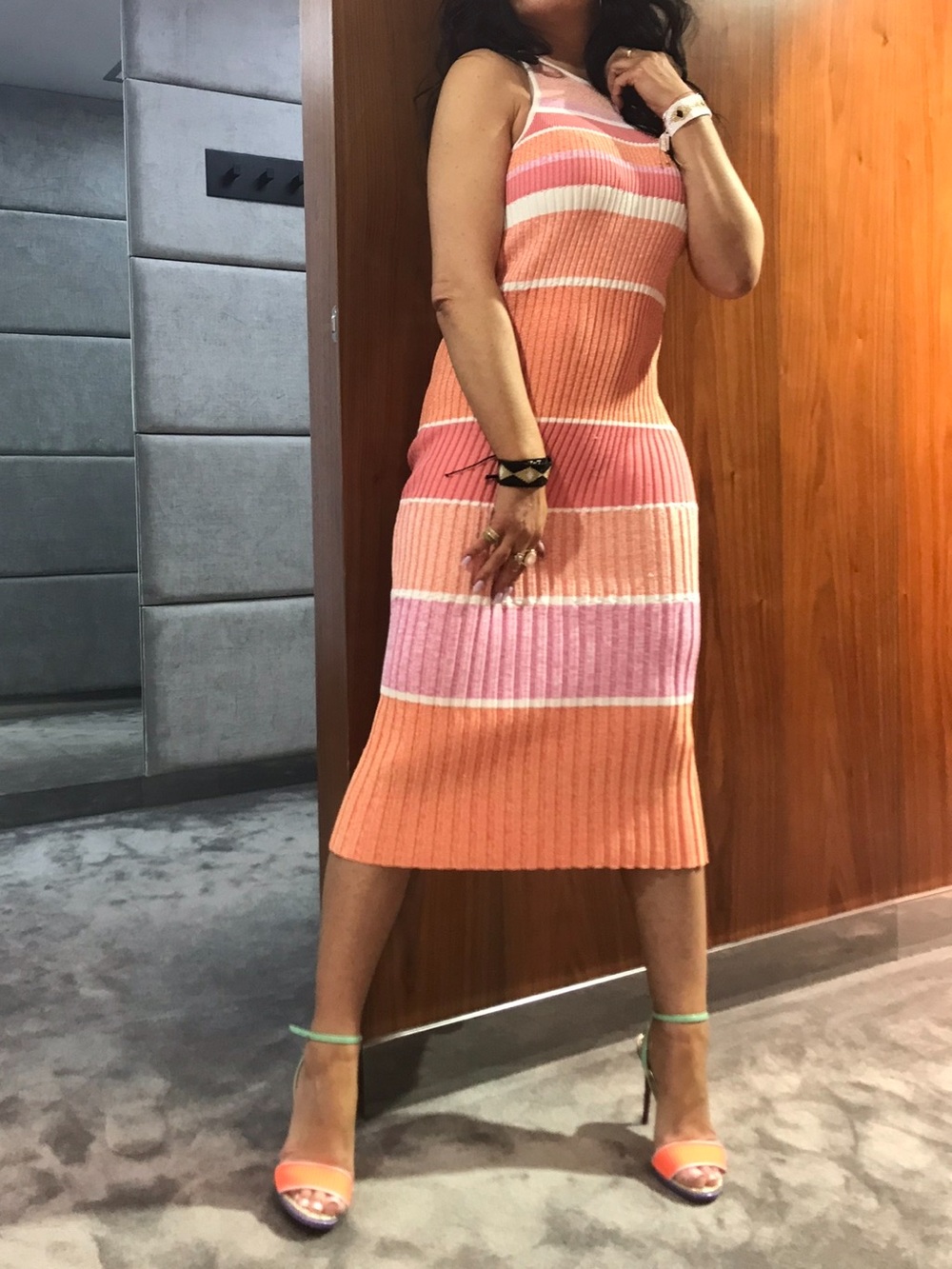 Victoria Victoria Beckham Luxe Rib Knit Midi Dress Coral Pink Stripe Bodycon US4